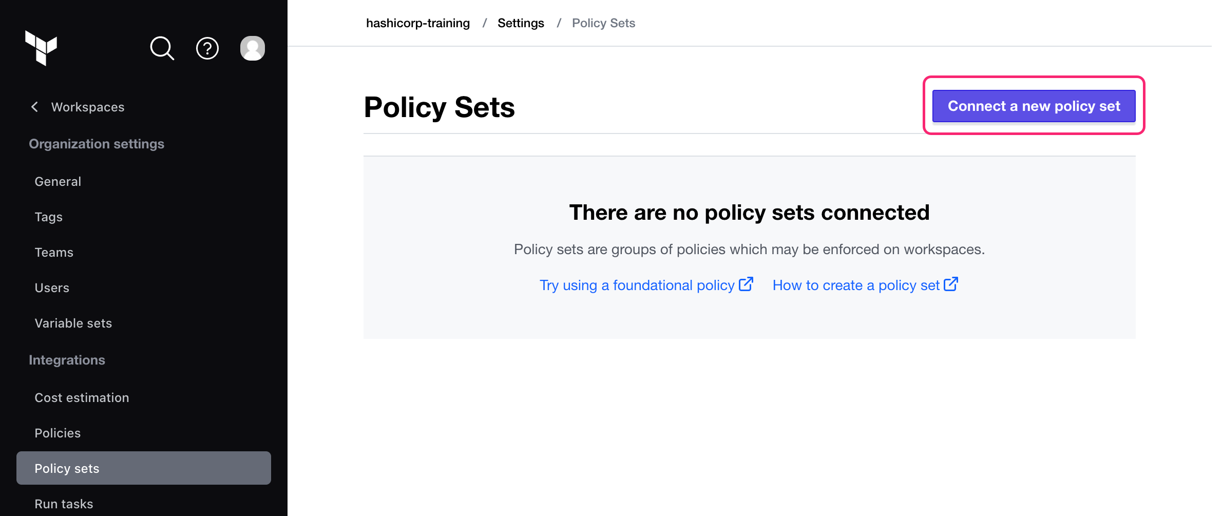 HCP Terraform policy sets page